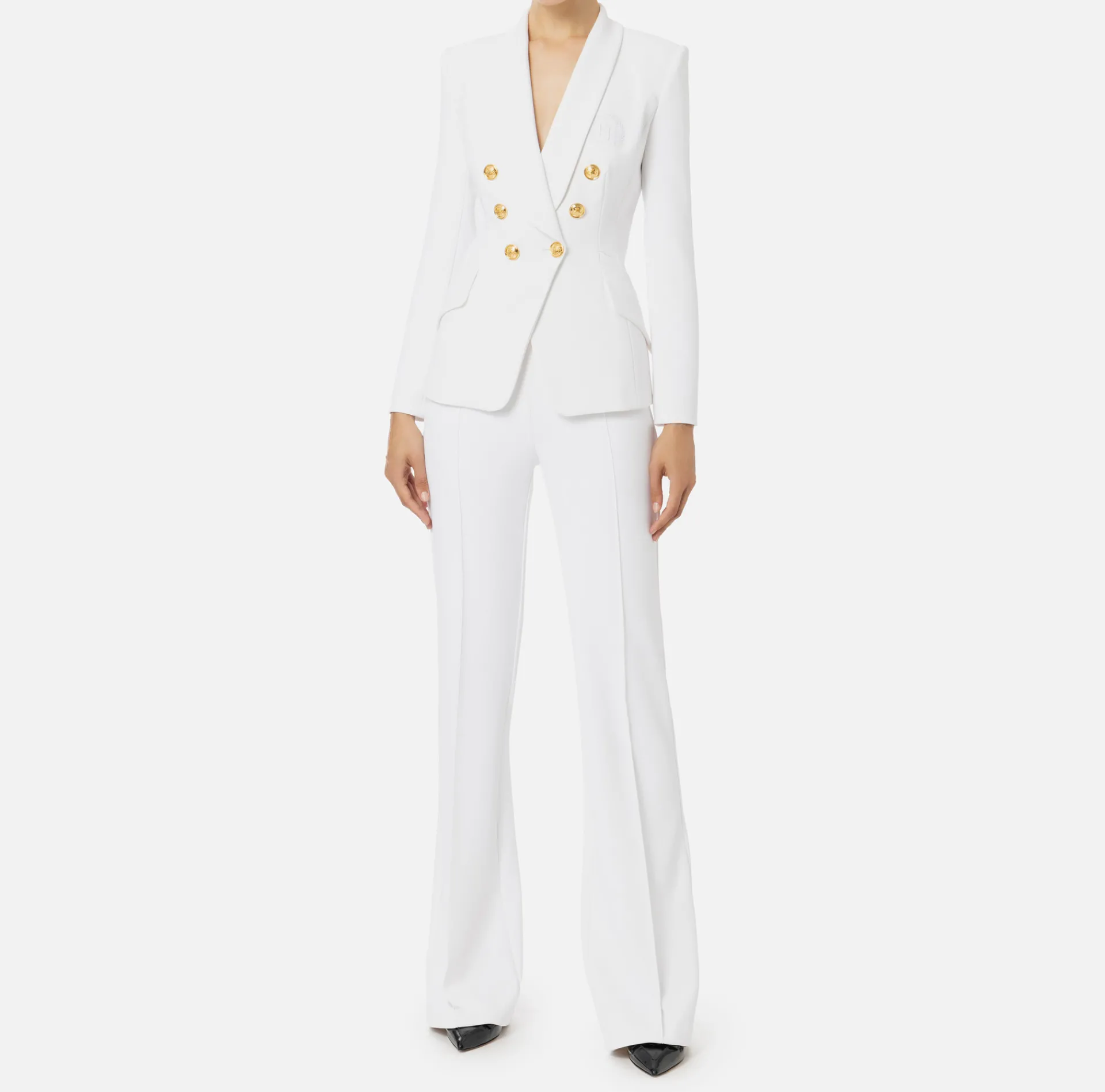 Elisabetta Franchi Tailleur|Double layer stretch crêpe suit with shawl jacket and palazzo trousers Ivory