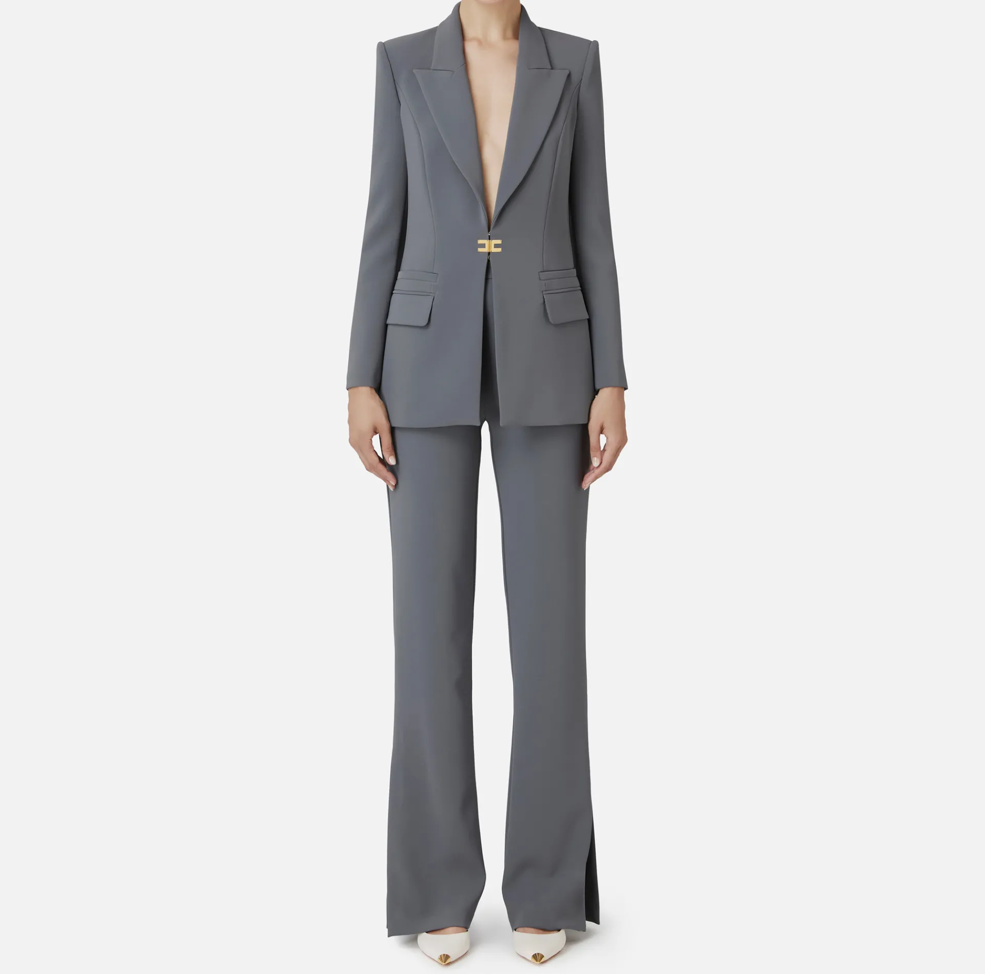 Elisabetta Franchi Tailleur|Double layer stretch crêpe suit with straight jacket and palazzo trousers Steel