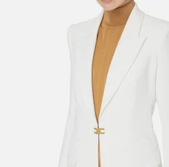 Elisabetta Franchi Tailleur|Double layer stretch crêpe suit with straight jacket and palazzo trousers Ivory