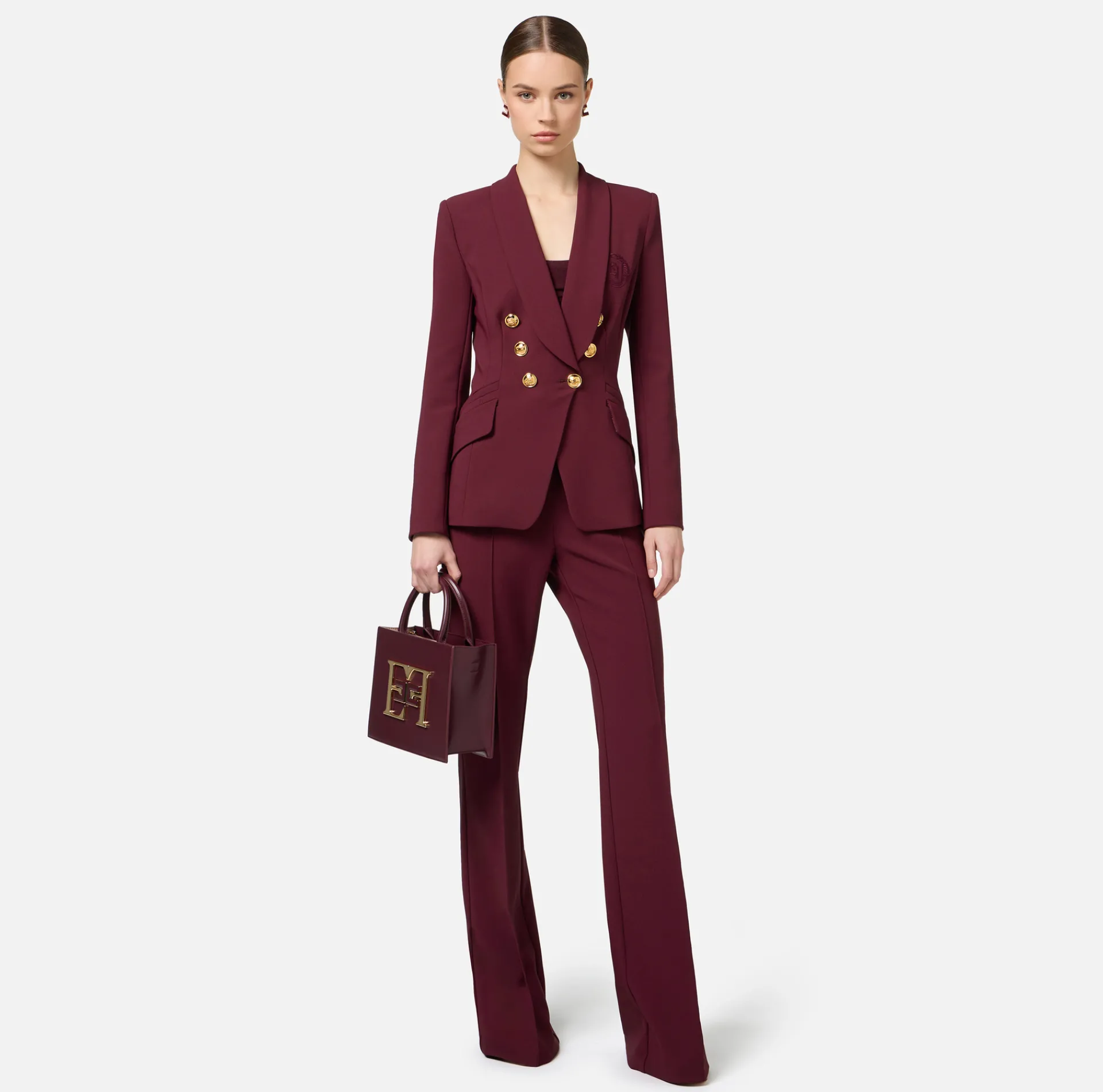 Elisabetta Franchi Tailleur|Double layer stretch crêpe suit with shawl jacket and palazzo trousers RougeNoir