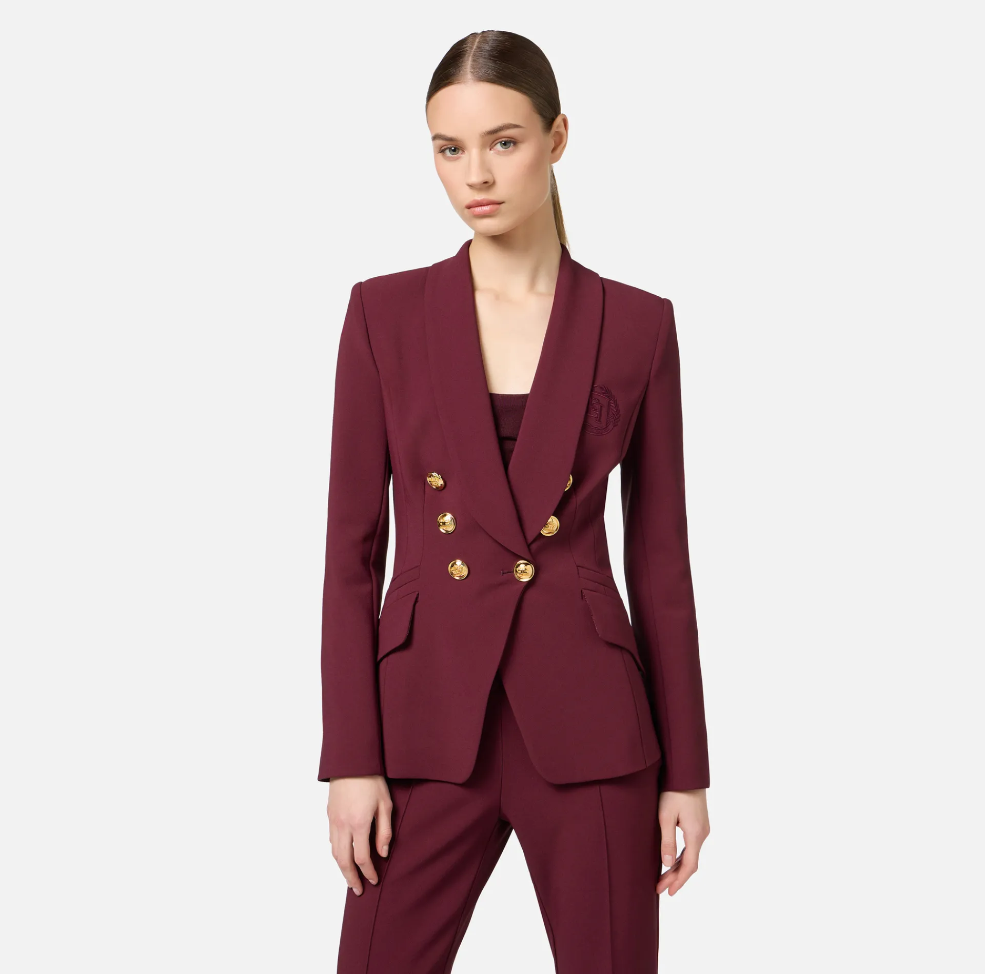 Elisabetta Franchi Tailleur|Double layer stretch crêpe suit with shawl jacket and palazzo trousers RougeNoir