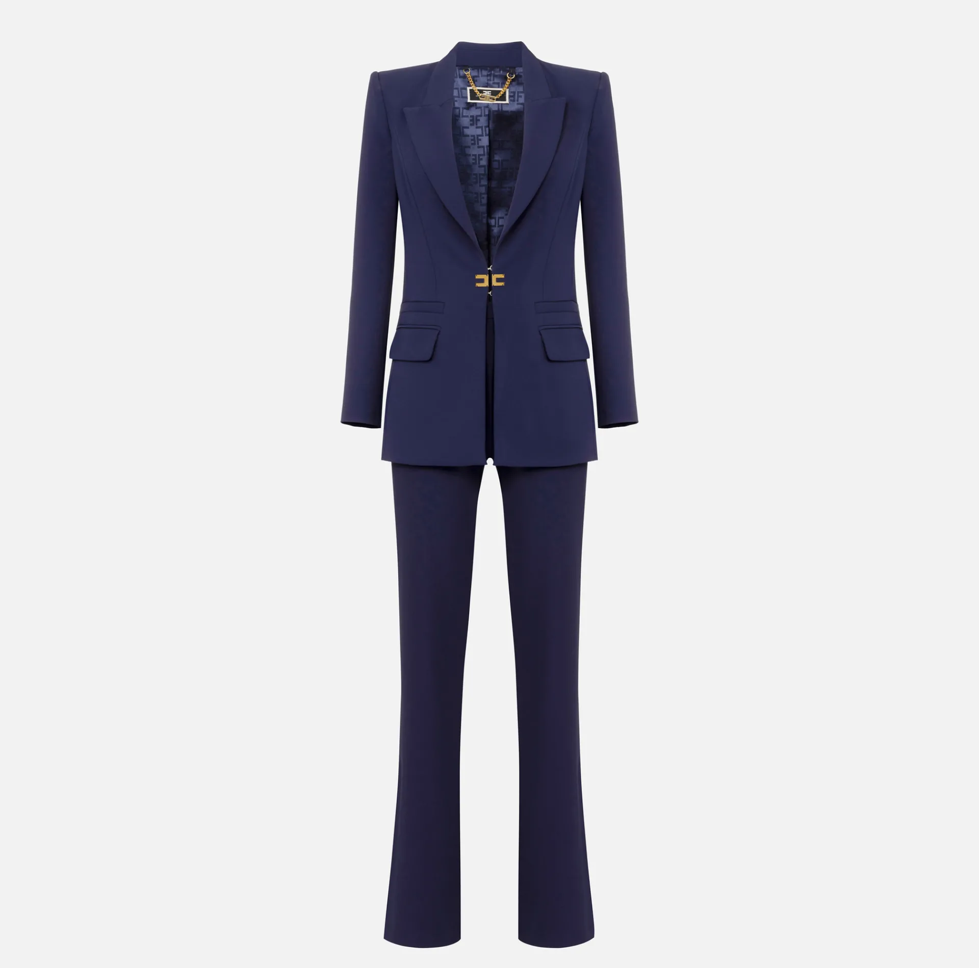 Elisabetta Franchi Tailleur|Double layer stretch crêpe suit with straight jacket and palazzo trousers Navy