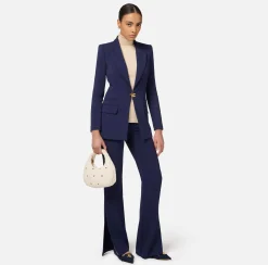 Elisabetta Franchi Tailleur|Double layer stretch crêpe suit with straight jacket and palazzo trousers Navy