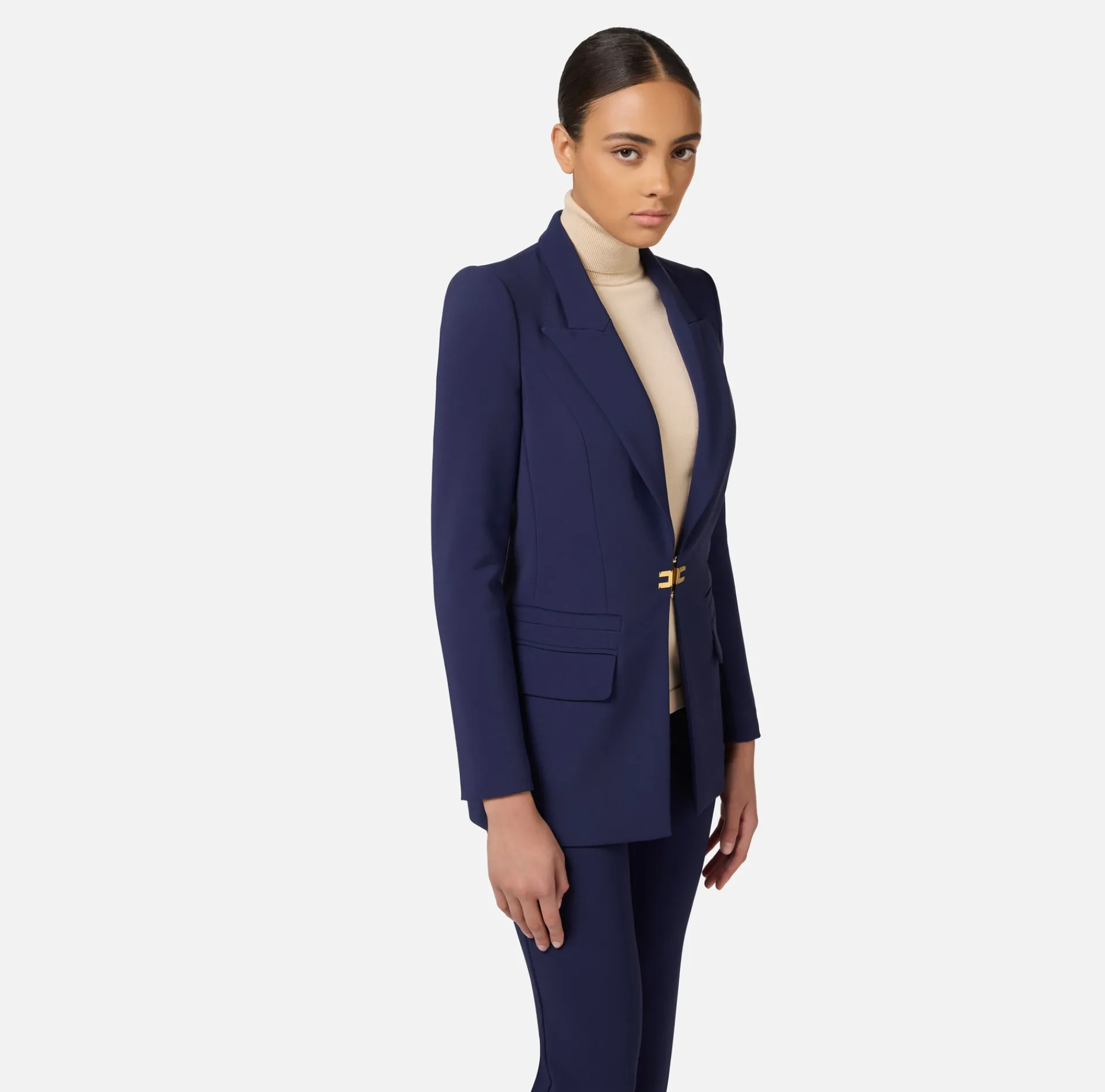 Elisabetta Franchi Tailleur|Double layer stretch crêpe suit with straight jacket and palazzo trousers Navy