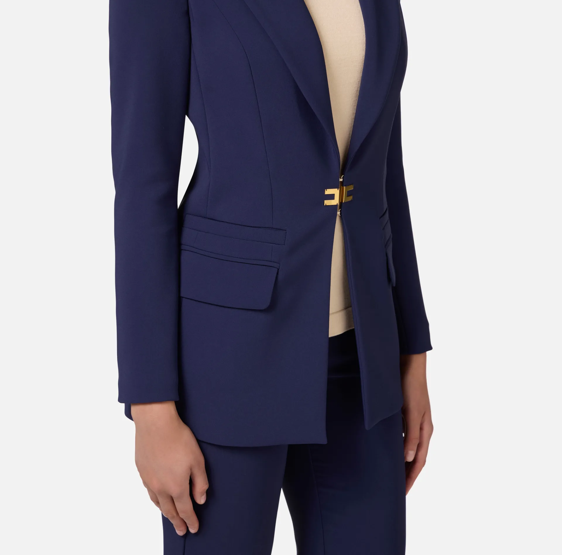 Elisabetta Franchi Tailleur|Double layer stretch crêpe suit with straight jacket and palazzo trousers Navy