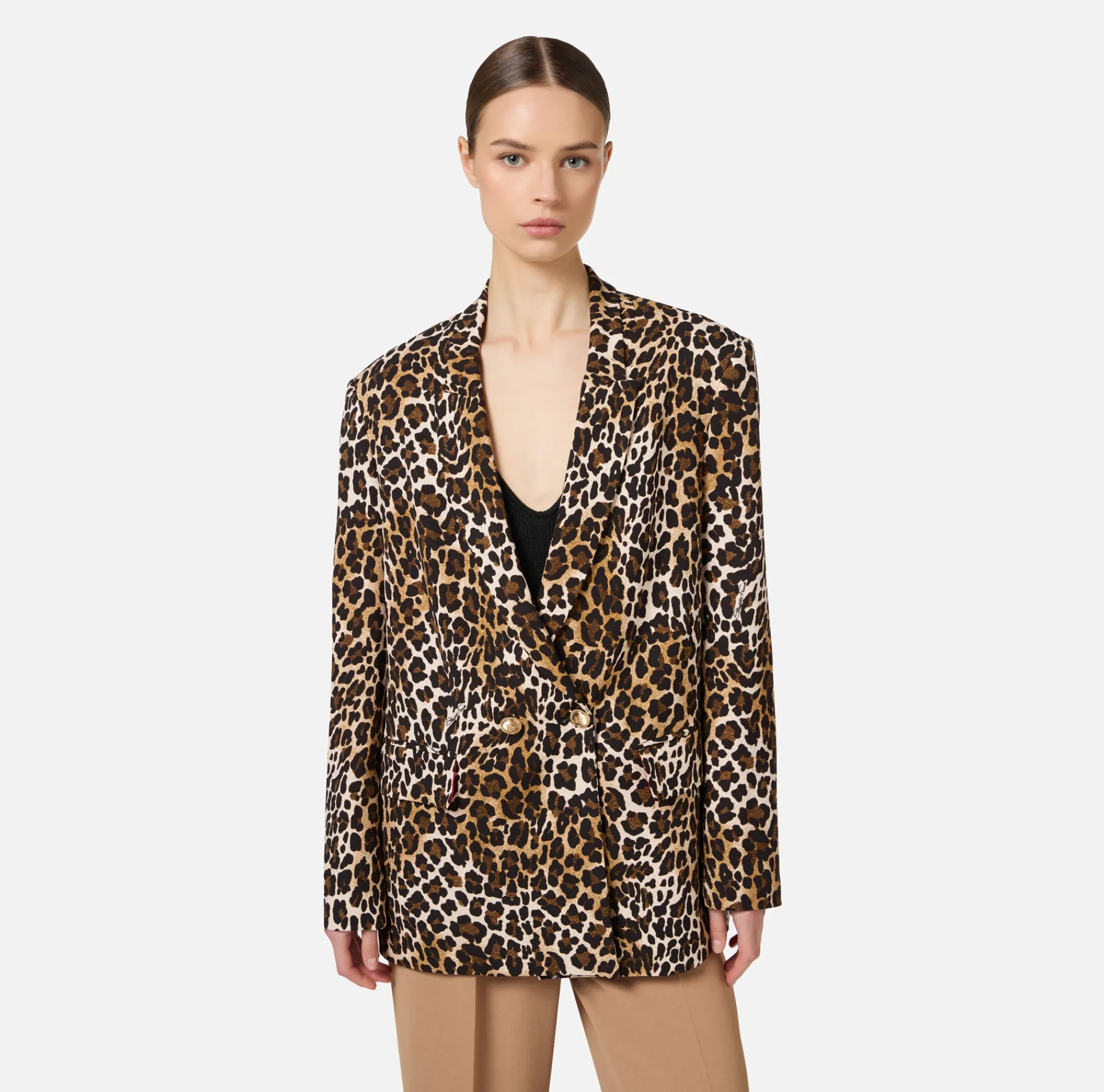 Elisabetta Franchi Jackets And Trench Coats|Tailleur|Double-breasted animalier crêpe jacket Animalprint
