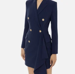 Elisabetta Franchi Mini Dresses|Coat Dresses|Double-breasted coat dress in crêpe fabric with ruffles Navy