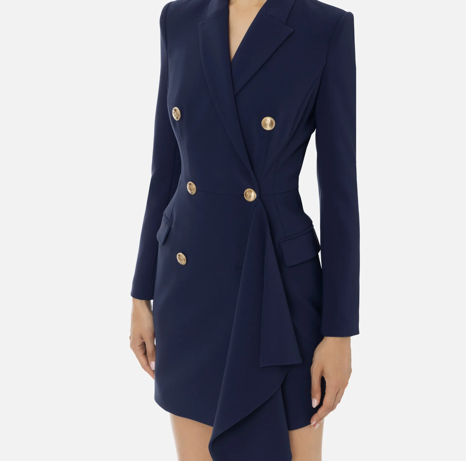 Elisabetta Franchi Mini Dresses|Coat Dresses|Double-breasted coat dress in crêpe fabric with ruffles Navy