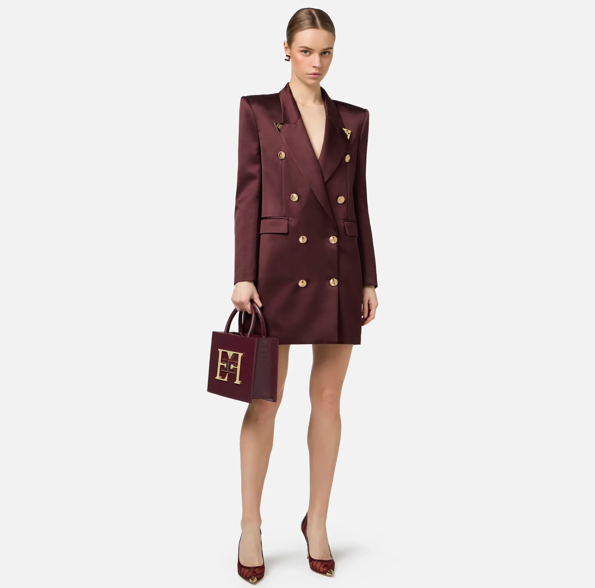 Elisabetta Franchi Coat Dresses|Mini Dresses|Double-breasted coat dress in cool wool with tips RougeNoir