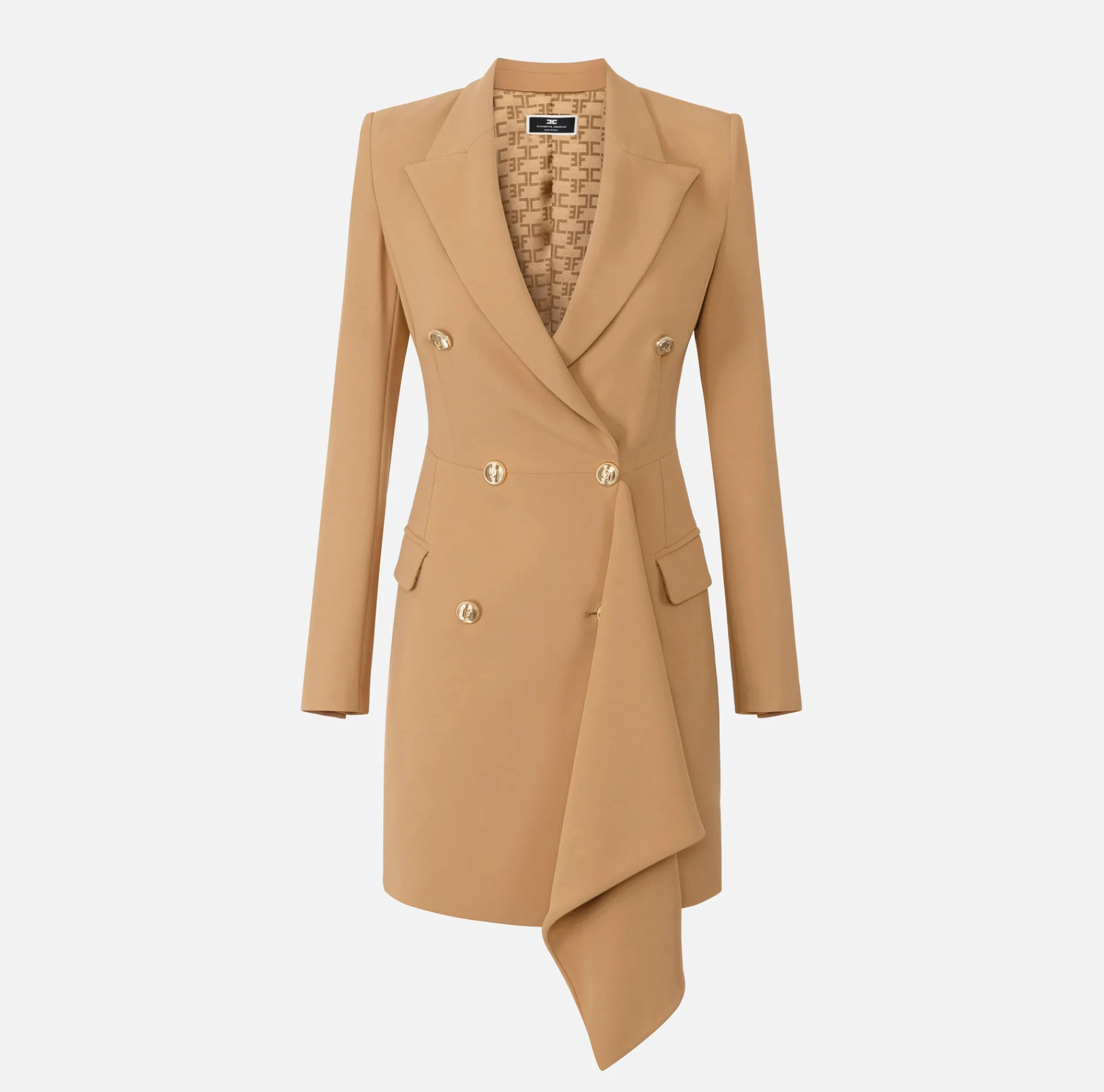 Elisabetta Franchi Mini Dresses|Coat Dresses|Double-breasted coat dress in crêpe fabric with ruffles Bronze