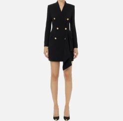 Elisabetta Franchi Mini Dresses|Coat Dresses|Double-breasted coat dress in crêpe fabric with ruffles Black