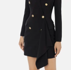 Elisabetta Franchi Mini Dresses|Coat Dresses|Double-breasted coat dress in crêpe fabric with ruffles Black