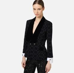 Elisabetta Franchi Jackets And Trench Coats|Tailleur|Double-breasted flock crêpe jacket Black