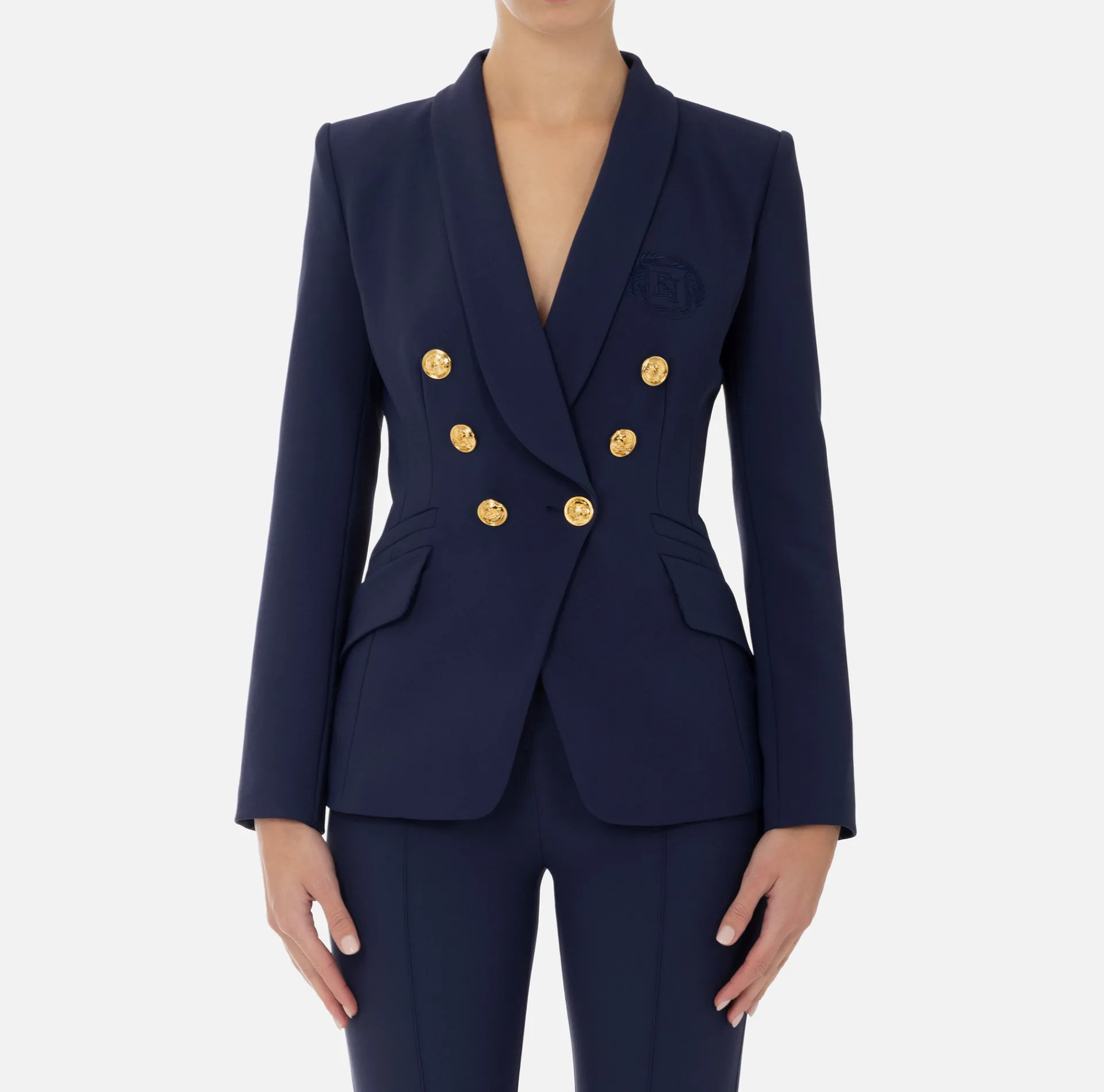 Elisabetta Franchi Jackets And Trench Coats|Tailleur|Double-breasted jacket in stretch crêpe with embroidery Navy
