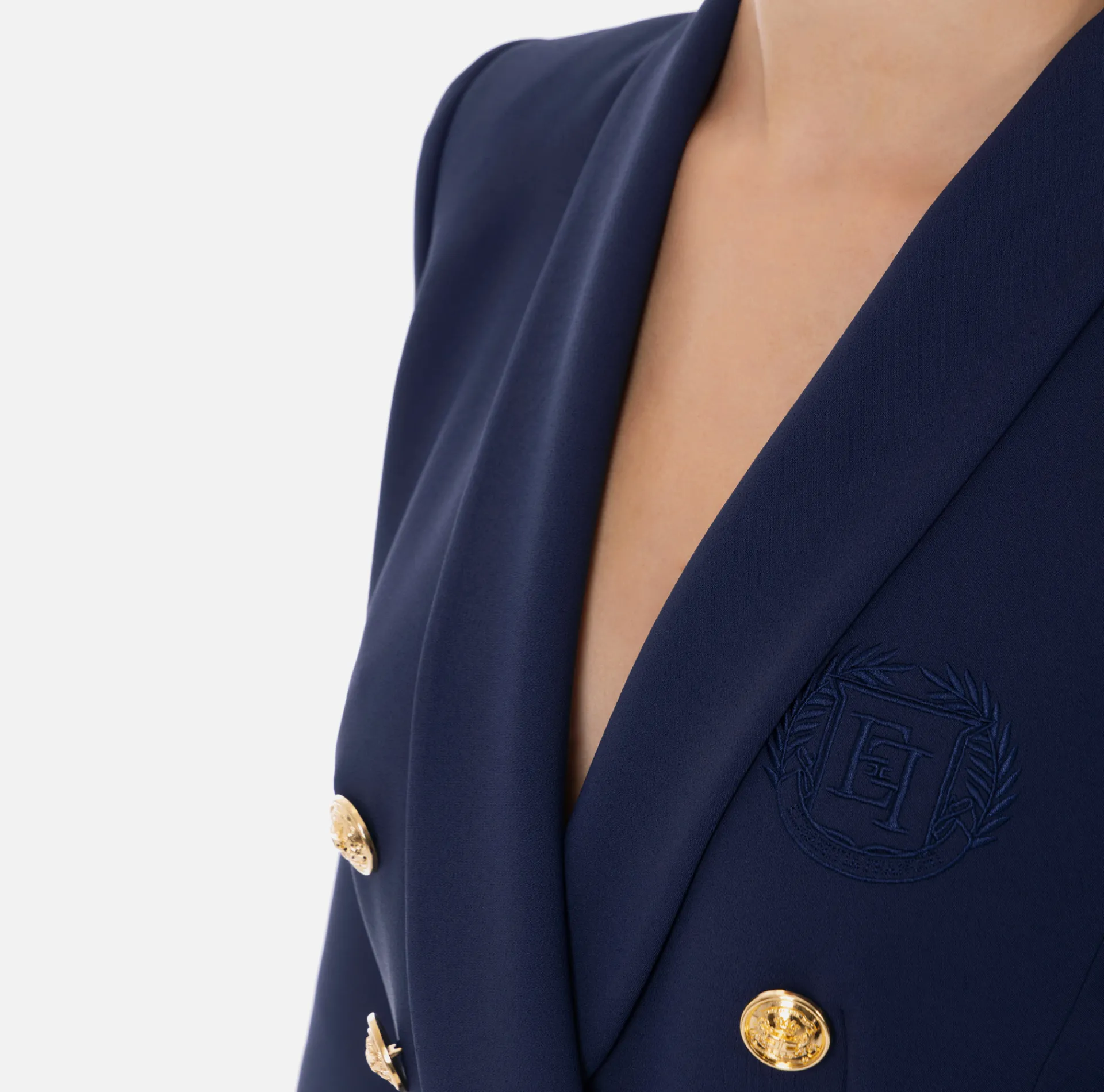 Elisabetta Franchi Jackets And Trench Coats|Tailleur|Double-breasted jacket in stretch crêpe with embroidery Navy