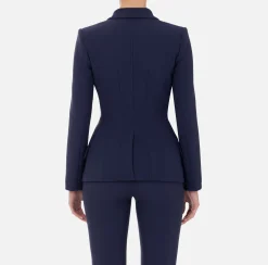 Elisabetta Franchi Jackets And Trench Coats|Tailleur|Double-breasted jacket in stretch crêpe with embroidery Navy