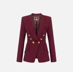 Elisabetta Franchi Jackets And Trench Coats|Tailleur|Double-breasted jacket in stretch crêpe with embroidery RougeNoir