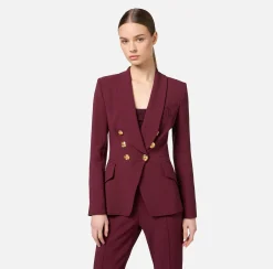 Elisabetta Franchi Jackets And Trench Coats|Tailleur|Double-breasted jacket in stretch crêpe with embroidery RougeNoir