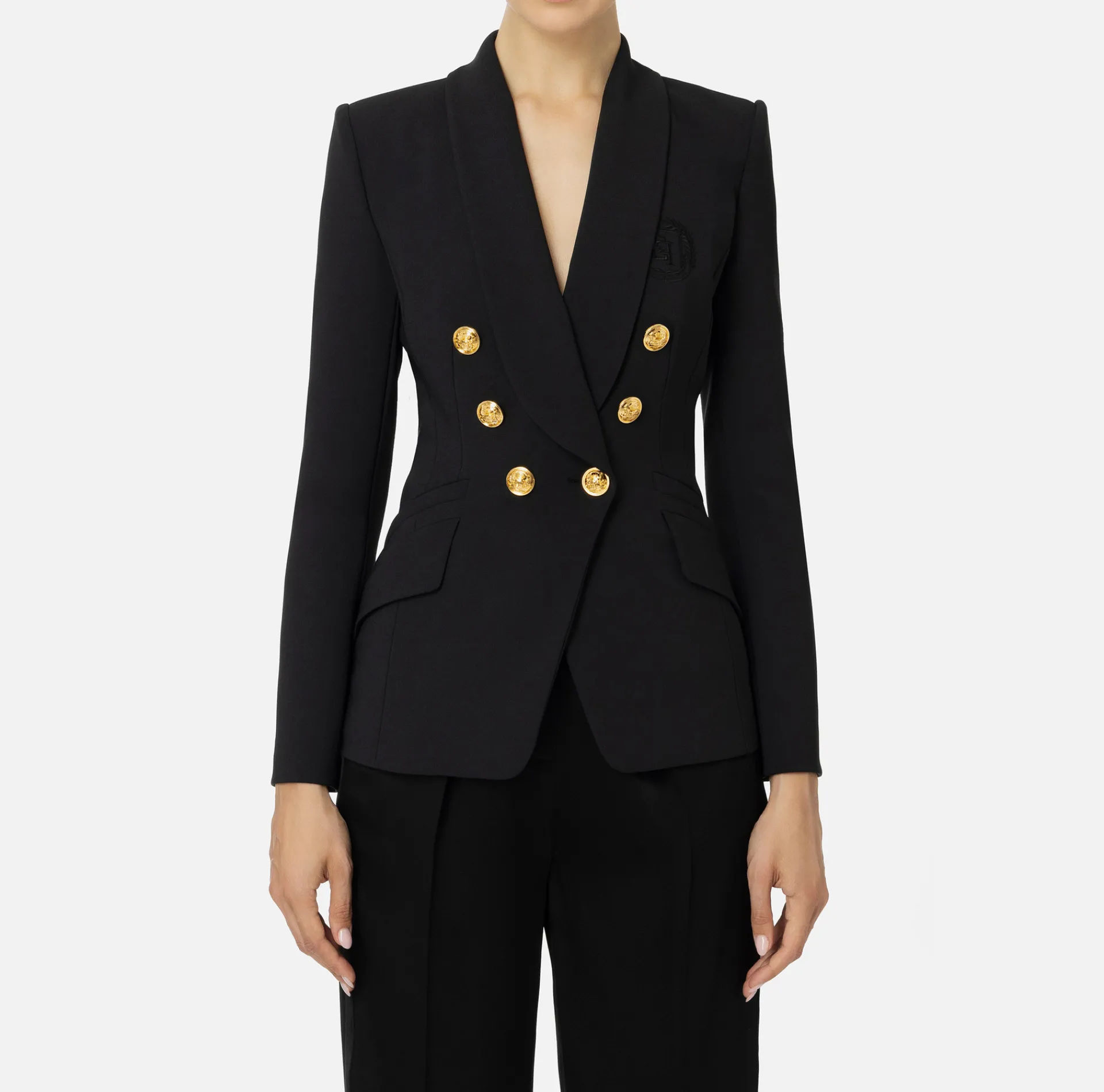 Elisabetta Franchi Jackets And Trench Coats|Tailleur|Double-breasted jacket in stretch crêpe with embroidery Black