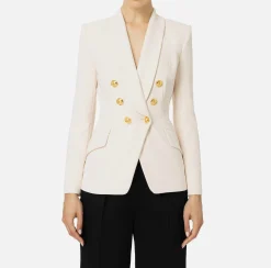 Elisabetta Franchi Jackets And Trench Coats|Tailleur|Double-breasted jacket in stretch crêpe with embroidery Butter