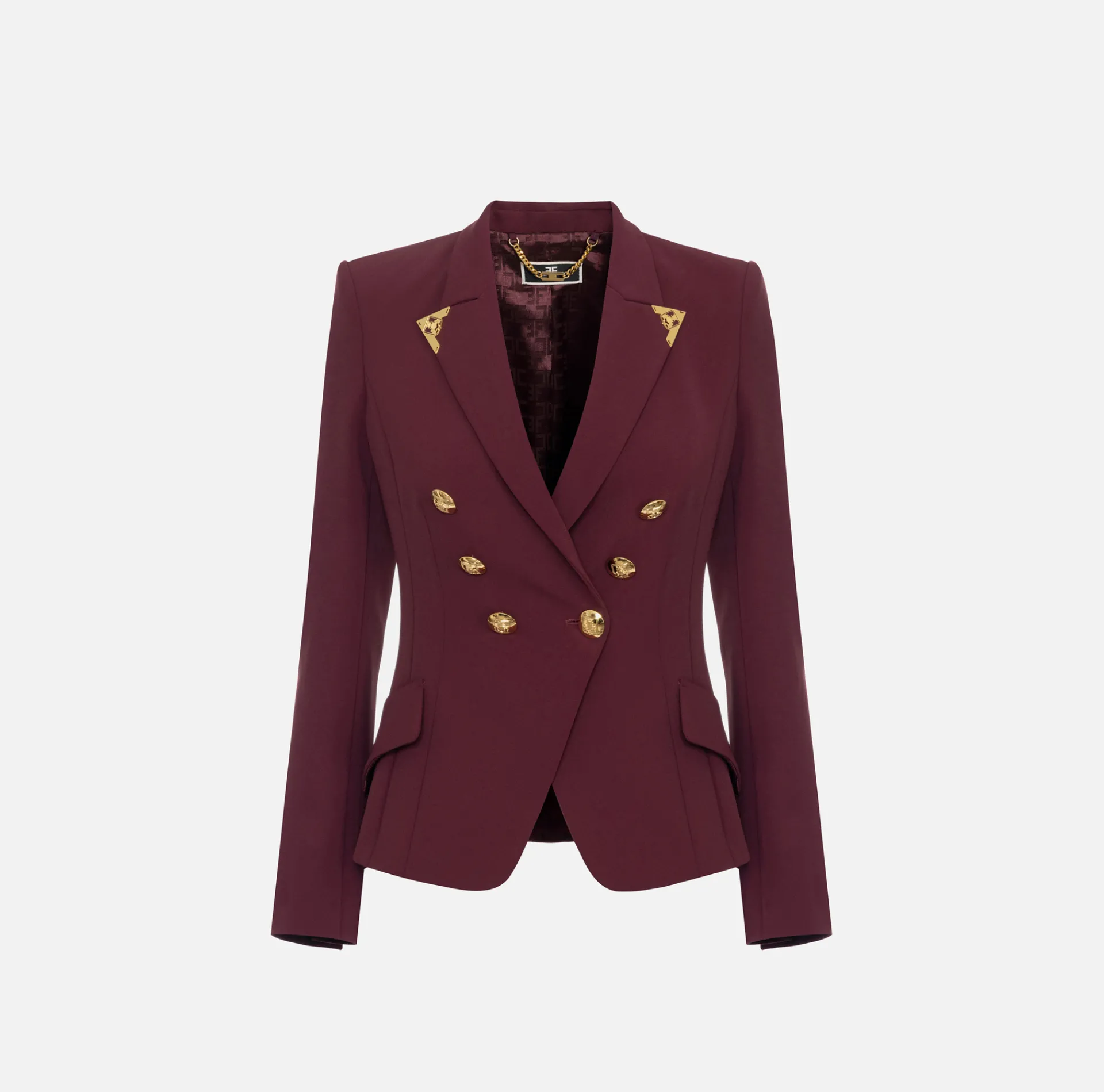 Elisabetta Franchi Jackets And Trench Coats|Tailleur|Double-breasted jacket in stretch crêpe with lapel tips RougeNoir