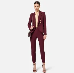 Elisabetta Franchi Jackets And Trench Coats|Tailleur|Double-breasted jacket in stretch crêpe with lapel tips RougeNoir