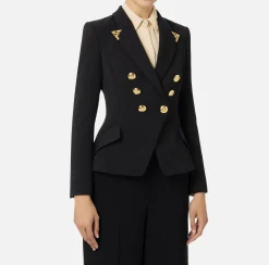 Elisabetta Franchi Jackets And Trench Coats|Tailleur|Double-breasted jacket in stretch crêpe with lapel tips Black