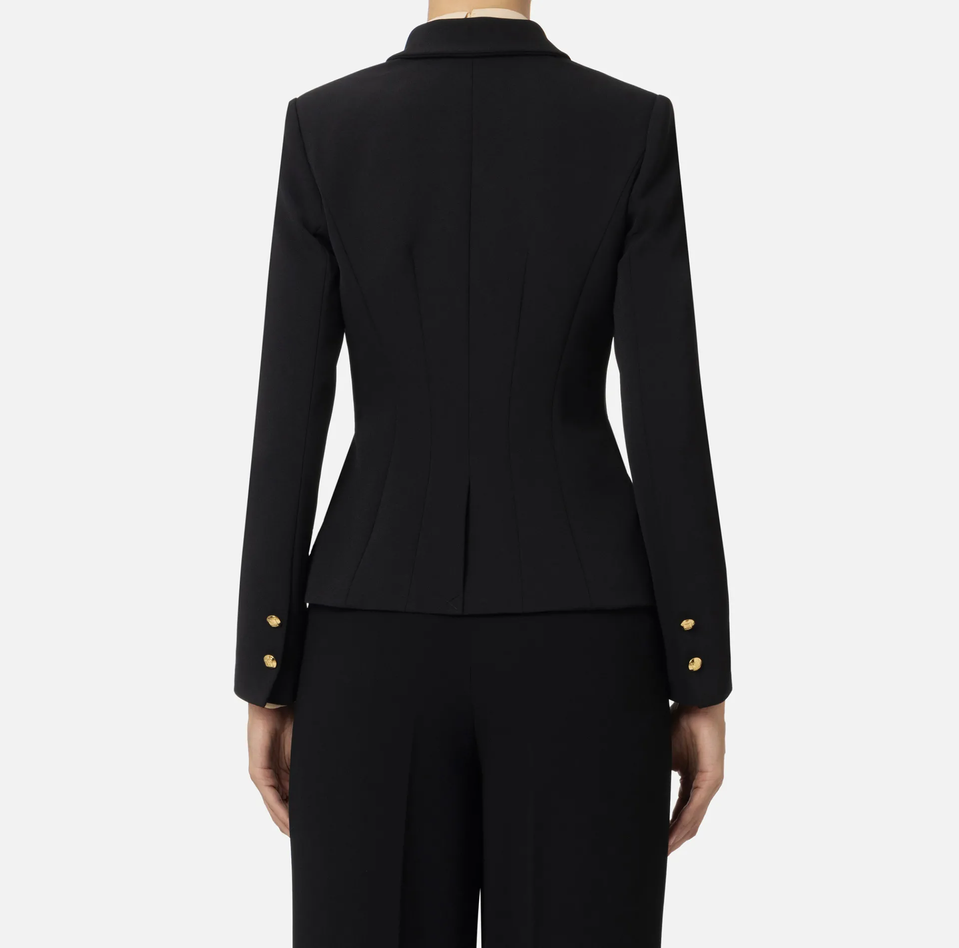 Elisabetta Franchi Jackets And Trench Coats|Tailleur|Double-breasted jacket in stretch crêpe with lapel tips Black