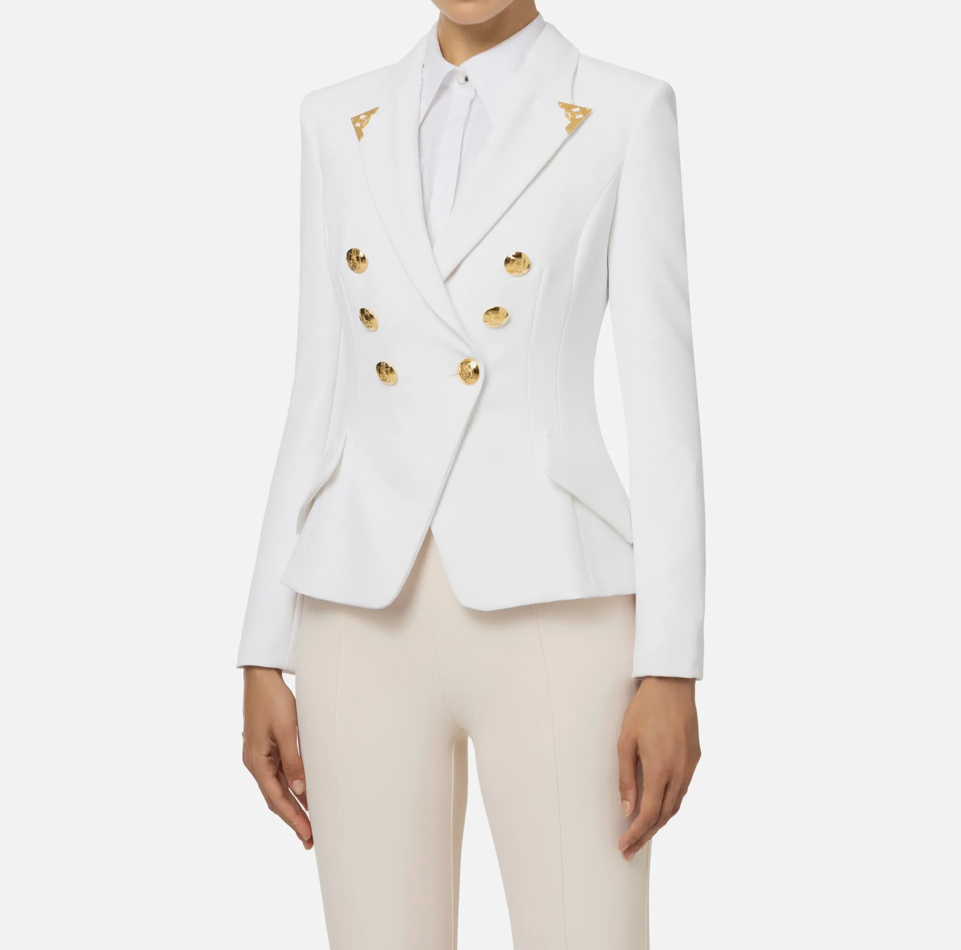 Elisabetta Franchi Jackets And Trench Coats|Tailleur|Double-breasted jacket in stretch crêpe with lapel tips Ivory