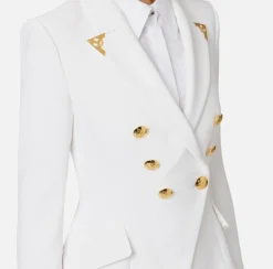 Elisabetta Franchi Jackets And Trench Coats|Tailleur|Double-breasted jacket in stretch crêpe with lapel tips Ivory