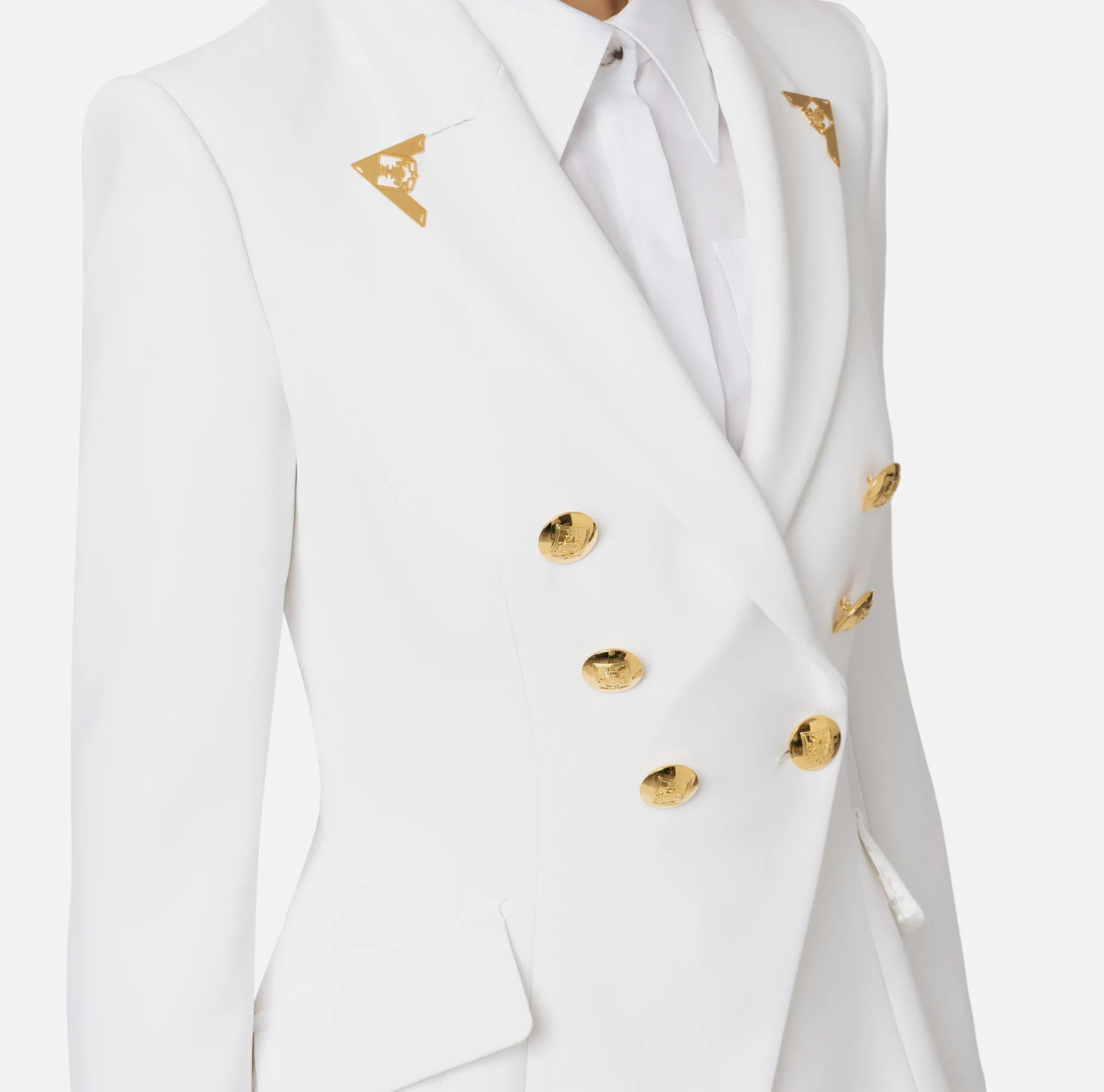 Elisabetta Franchi Jackets And Trench Coats|Tailleur|Double-breasted jacket in stretch crêpe with lapel tips Ivory