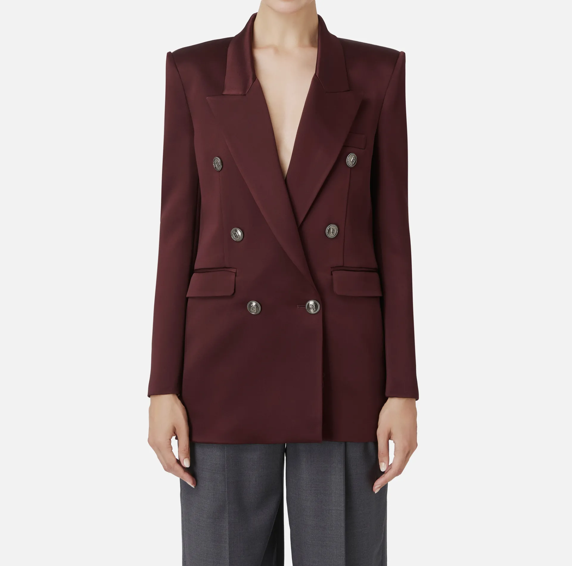 Elisabetta Franchi Jackets And Trench Coats|Tailleur|Double-breasted jacket in satin RougeNoir