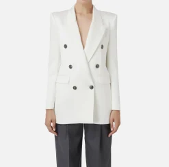 Elisabetta Franchi Jackets And Trench Coats|Tailleur|Double-breasted jacket in satin Ivory