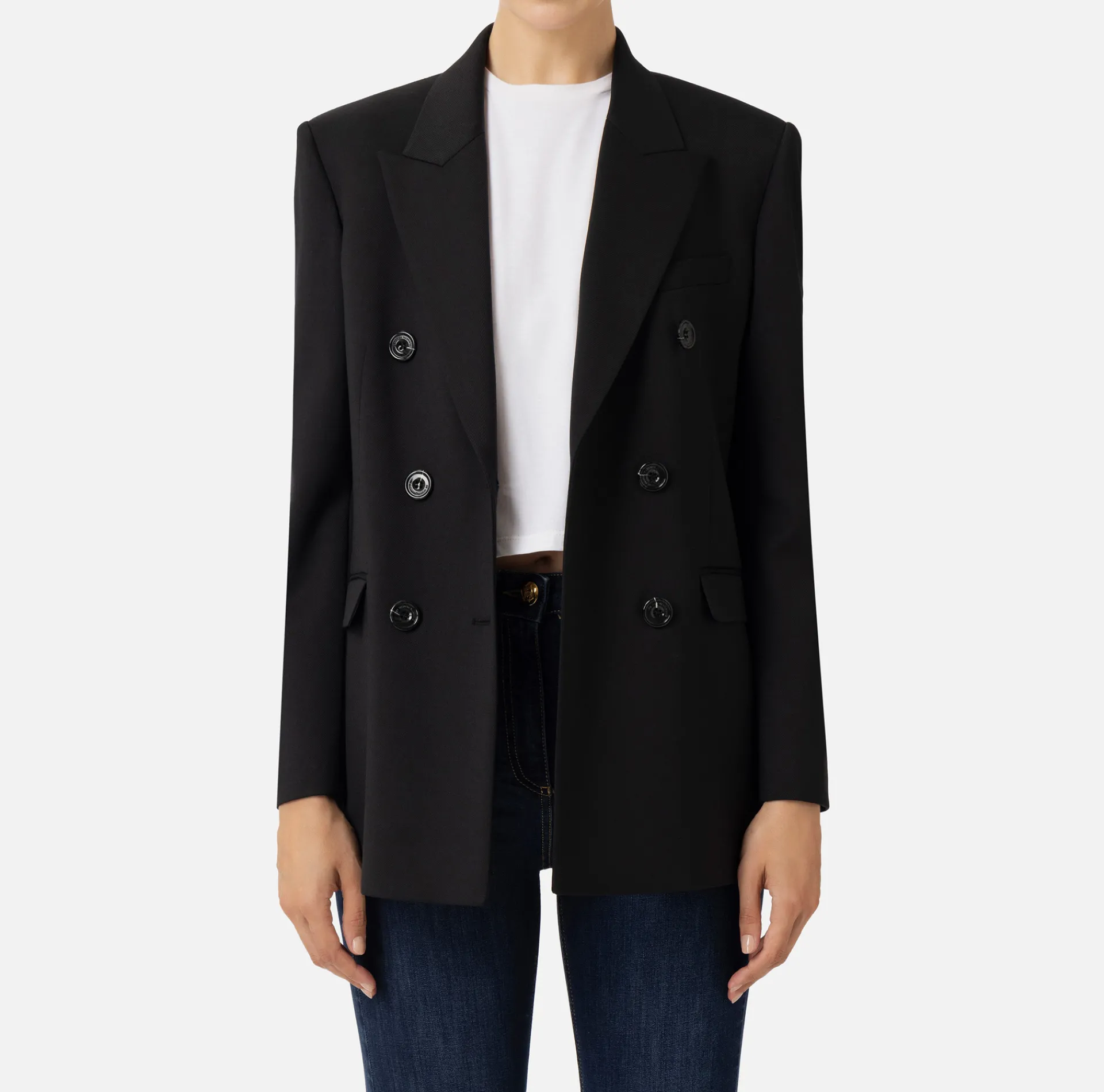 Elisabetta Franchi Tailleur|Jackets And Trench Coats|Double-breasted jacket in cool wool Black
