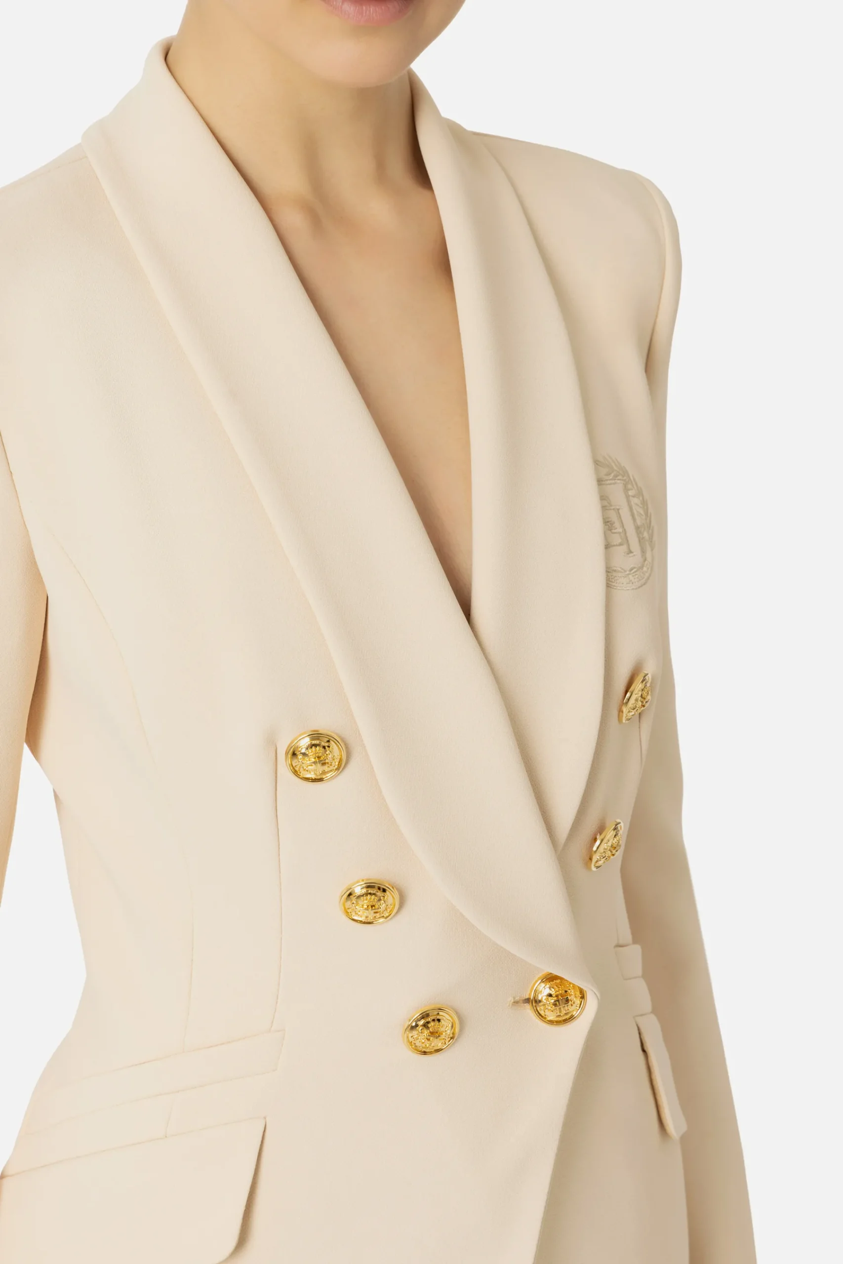 Elisabetta Franchi Jackets And Trench Coats|Tailleur|Double-breasted jacket in stretch crêpe with embroidery Cream