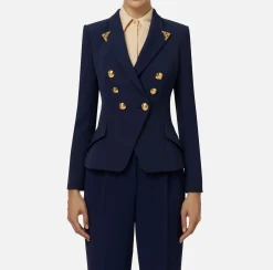 Elisabetta Franchi Jackets And Trench Coats|Tailleur|Double-breasted jacket in stretch crêpe with lapel tips Navy