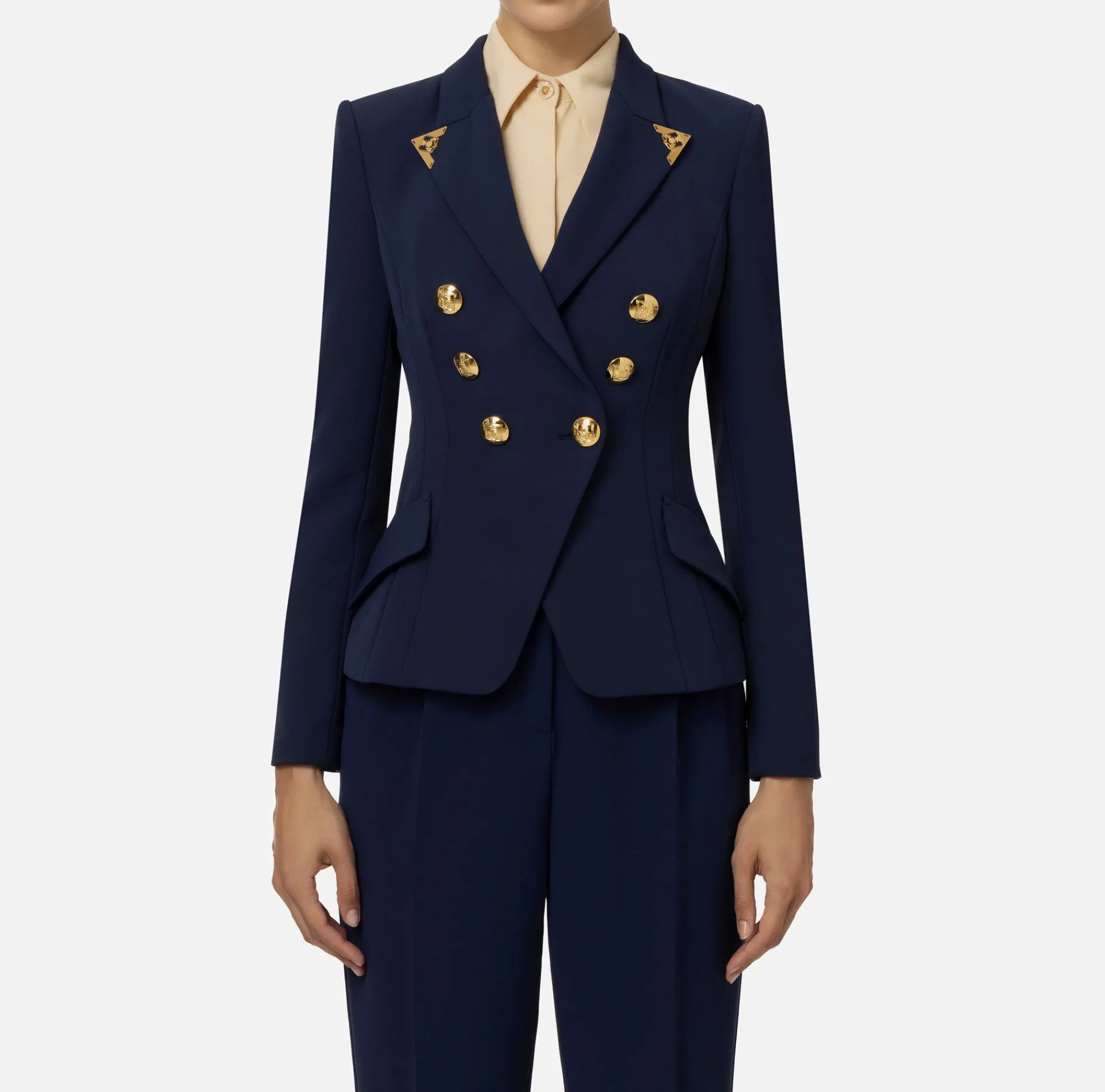 Elisabetta Franchi Jackets And Trench Coats|Tailleur|Double-breasted jacket in stretch crêpe with lapel tips Navy