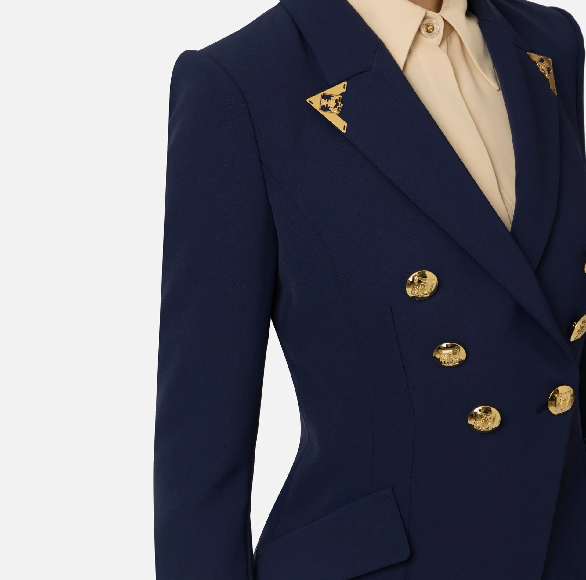 Elisabetta Franchi Jackets And Trench Coats|Tailleur|Double-breasted jacket in stretch crêpe with lapel tips Navy