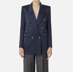Elisabetta Franchi Jackets And Trench Coats|Tailleur|Double-breasted jacket in satin Navy