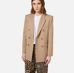 Elisabetta Franchi Tailleur|Jackets And Trench Coats|Double-breasted jacket in cool wool Camel