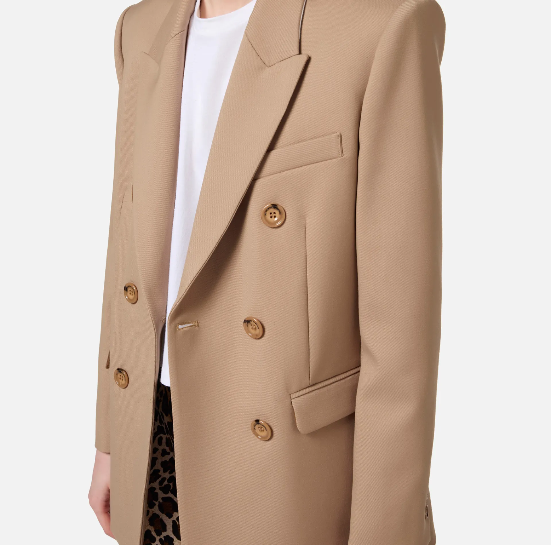 Elisabetta Franchi Tailleur|Jackets And Trench Coats|Double-breasted jacket in cool wool Camel