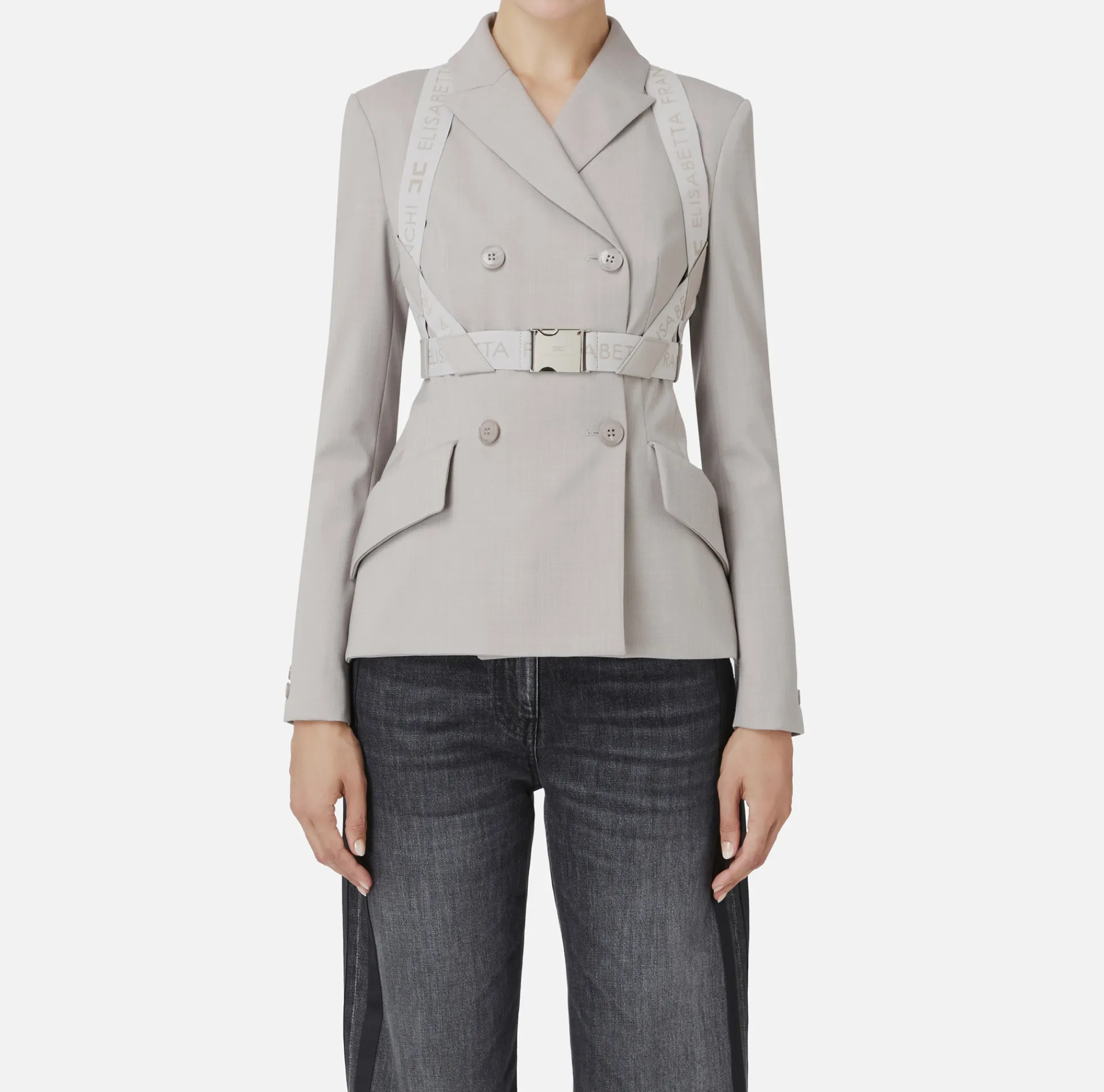 Elisabetta Franchi Jackets And Trench Coats|Tailleur|Double-breasted melange cool wool jacket with elastic harness Pearl