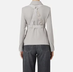 Elisabetta Franchi Jackets And Trench Coats|Tailleur|Double-breasted melange cool wool jacket with elastic harness Pearl