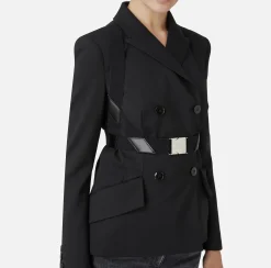 Elisabetta Franchi Jackets And Trench Coats|Tailleur|Double-breasted melange cool wool jacket with elastic harness Black