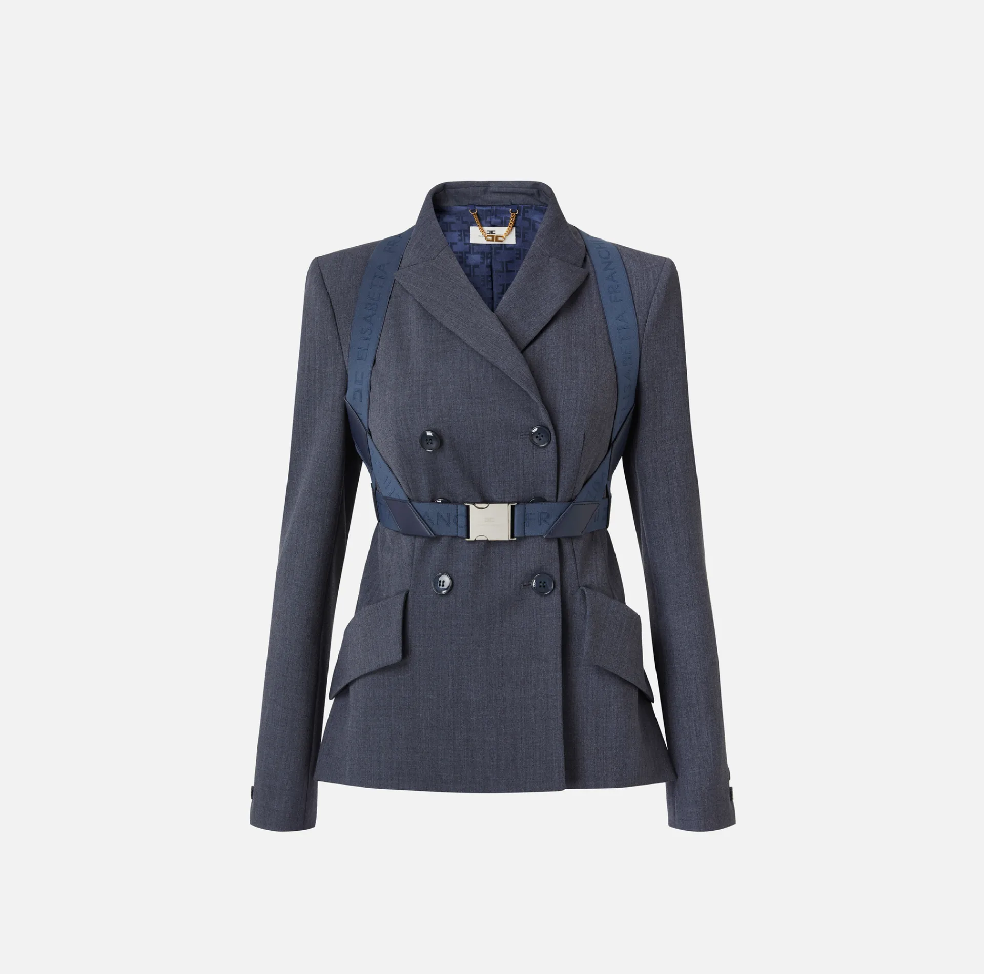 Elisabetta Franchi Jackets And Trench Coats|Tailleur|Double-breasted melange cool wool jacket with elastic harness Navy