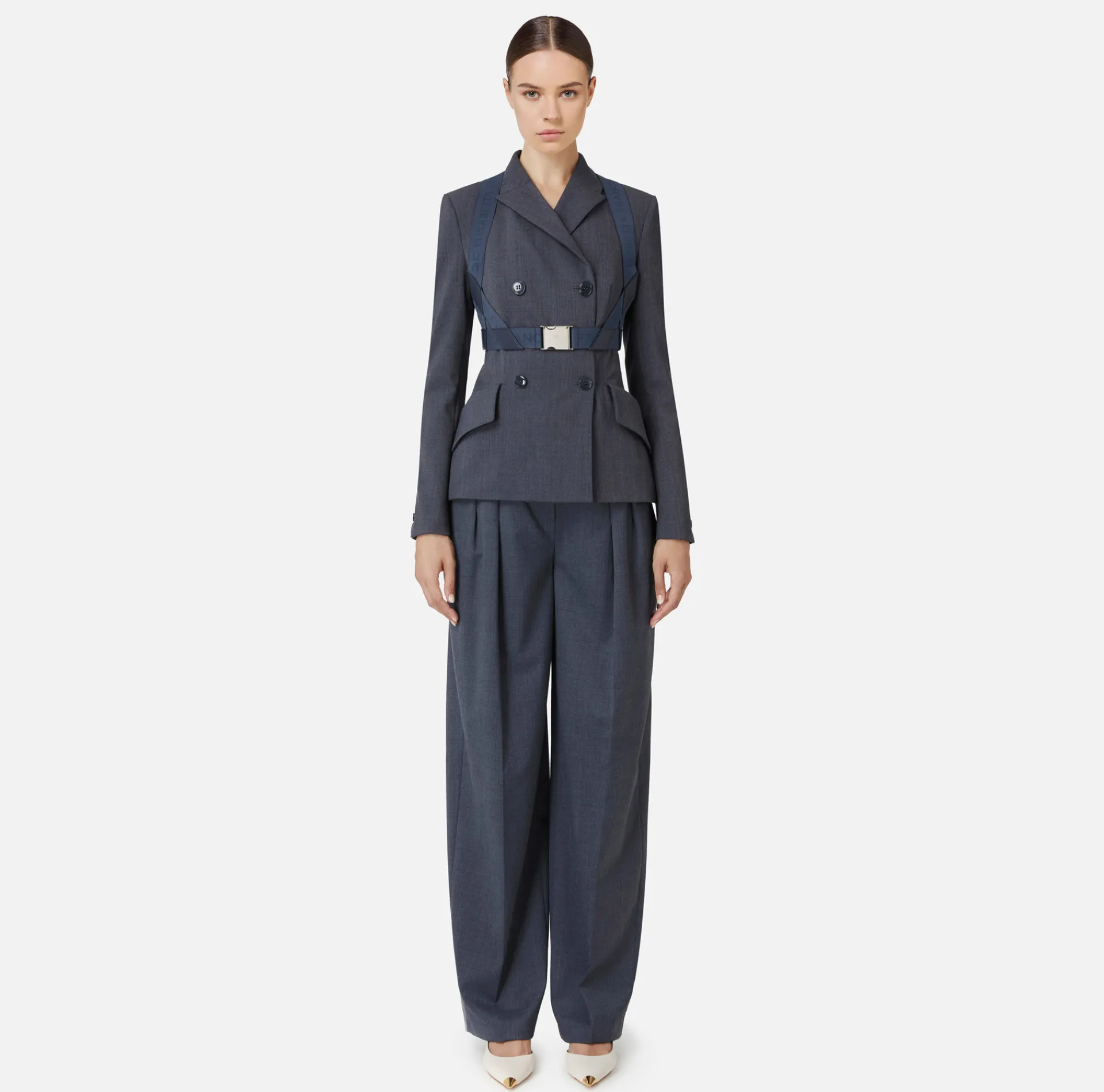 Elisabetta Franchi Jackets And Trench Coats|Tailleur|Double-breasted melange cool wool jacket with elastic harness Navy