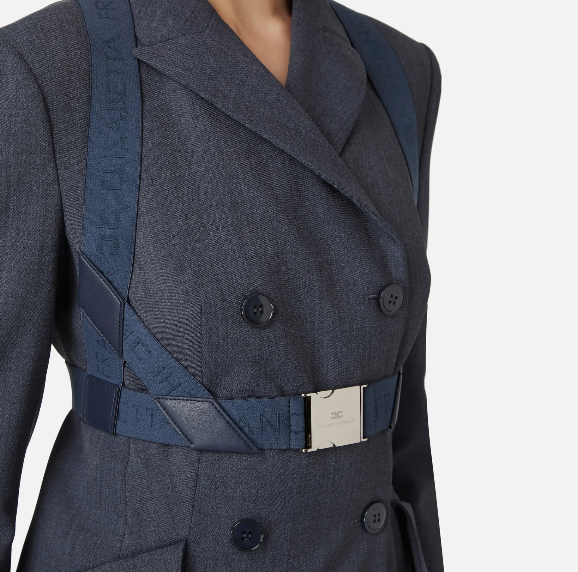 Elisabetta Franchi Jackets And Trench Coats|Tailleur|Double-breasted melange cool wool jacket with elastic harness Navy