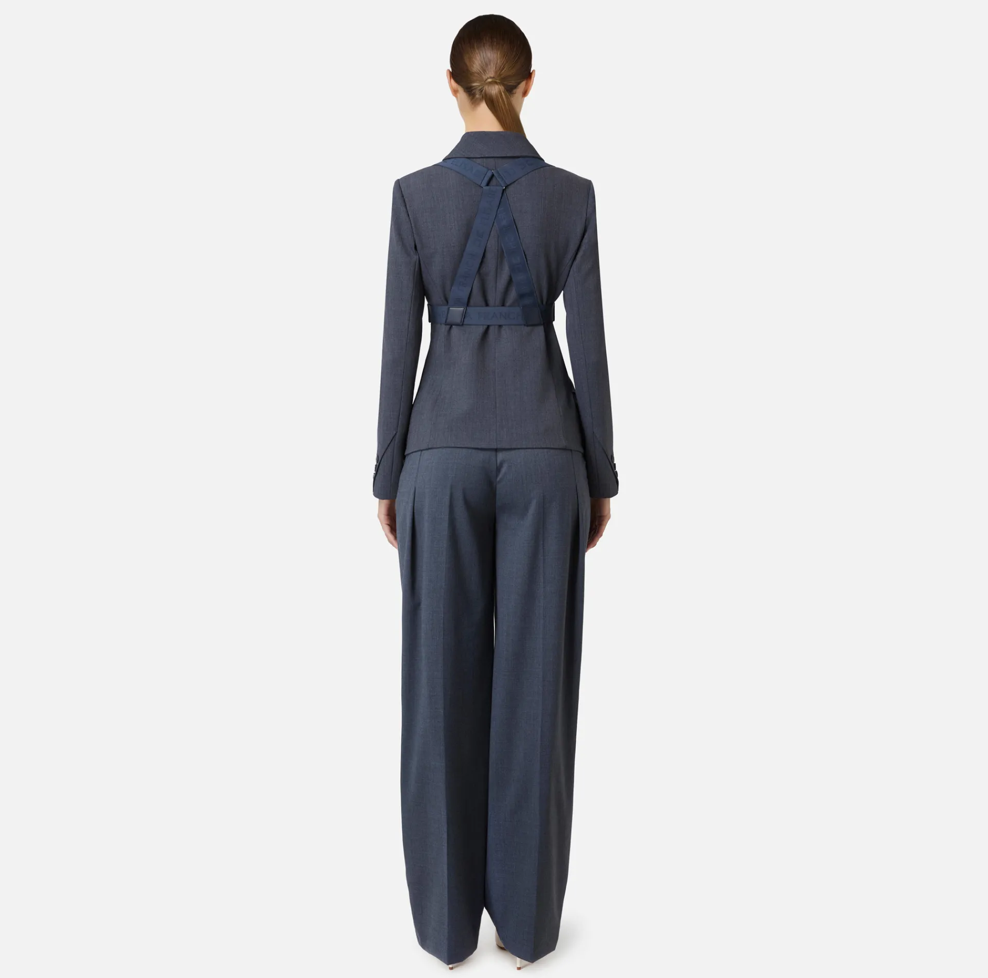 Elisabetta Franchi Jackets And Trench Coats|Tailleur|Double-breasted melange cool wool jacket with elastic harness Navy