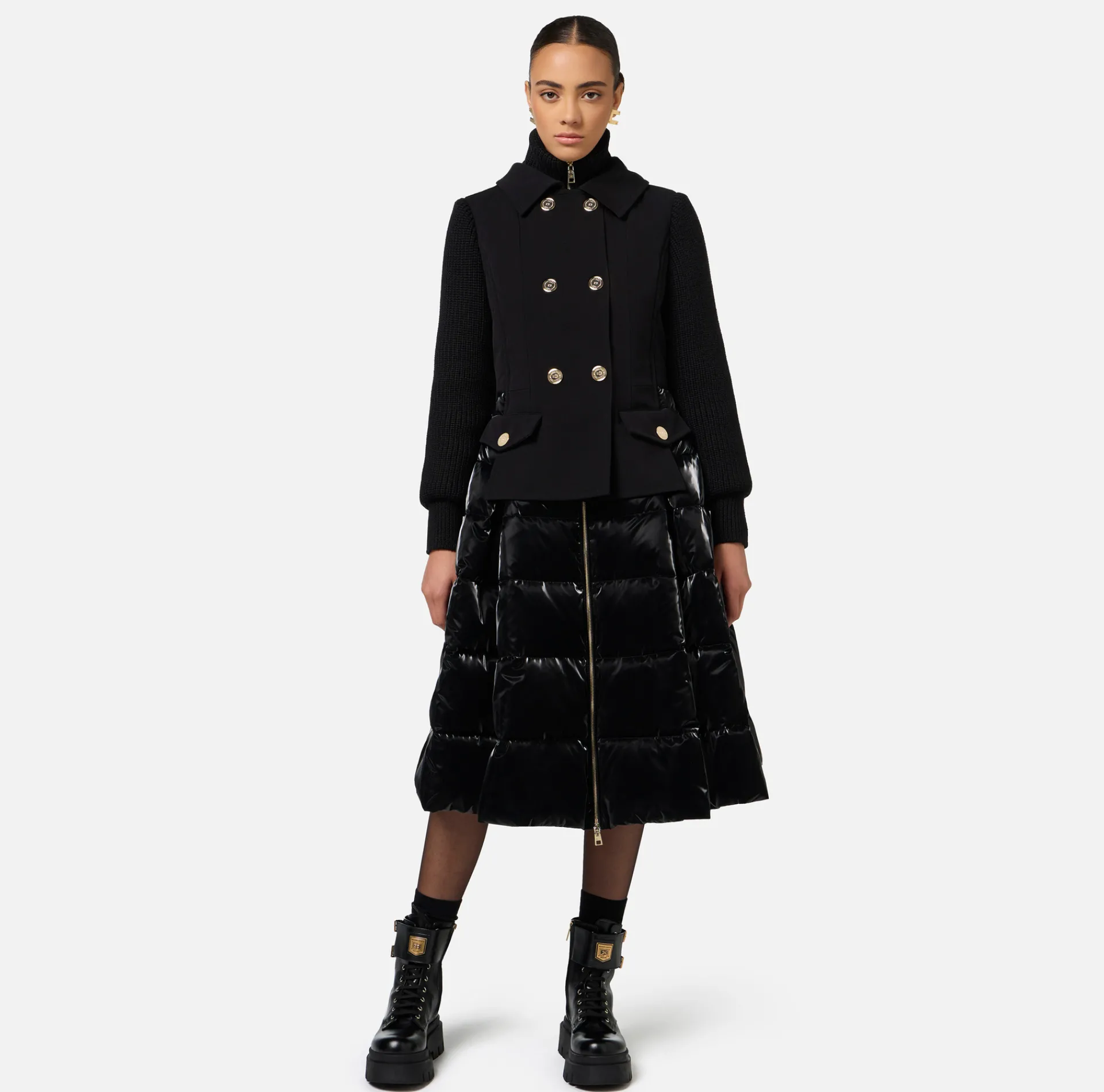 Elisabetta Franchi Coats And Jackets|Down jacket in nylon and cloth fabric with circle skirt Black