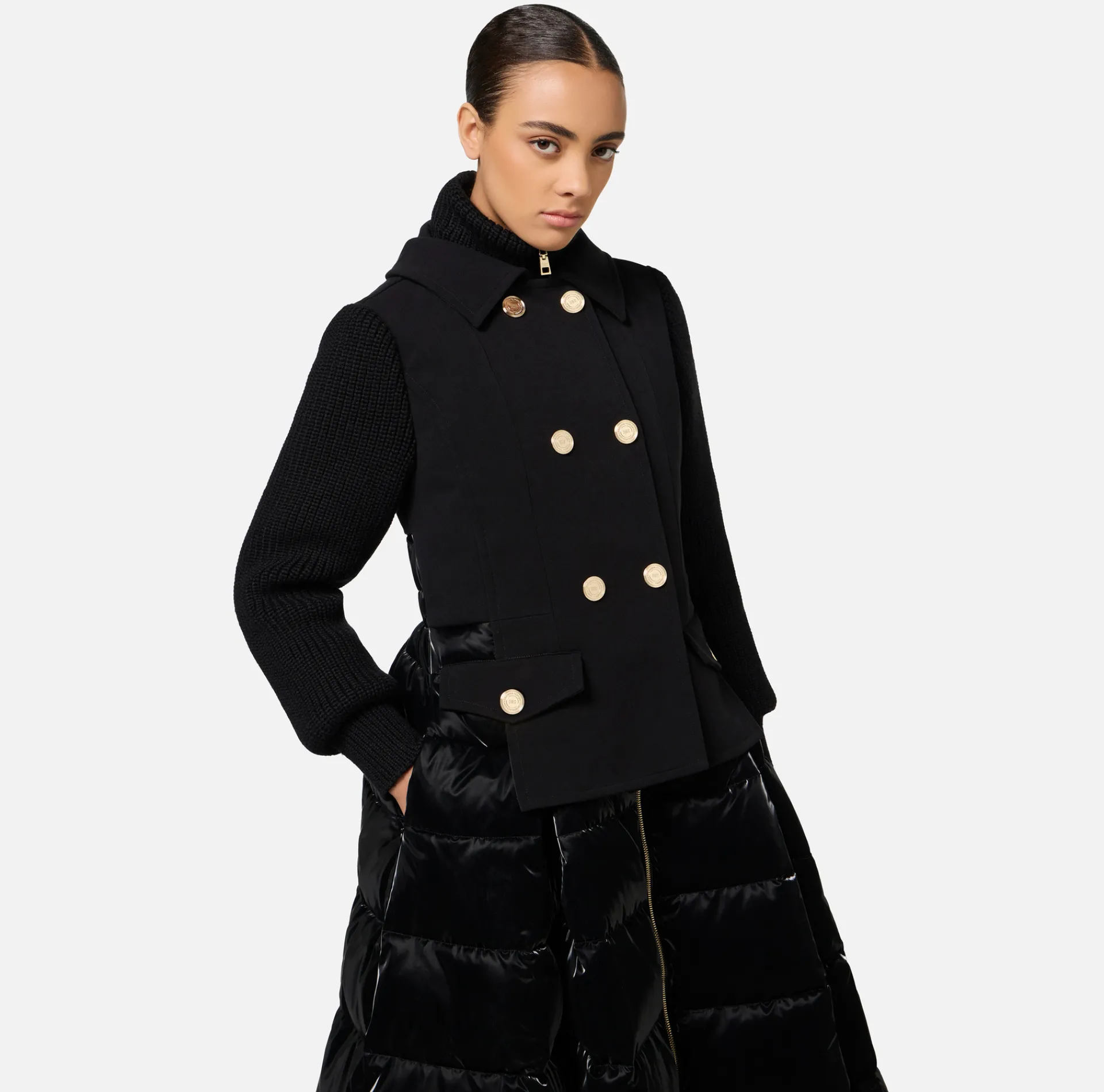 Elisabetta Franchi Coats And Jackets|Down jacket in nylon and cloth fabric with circle skirt Black
